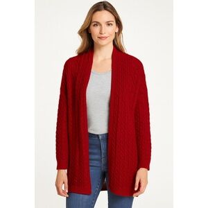 NWT Joan Vass Red Cable Knit Open Front Wool Cashmere Blend Cardigan Holiday
